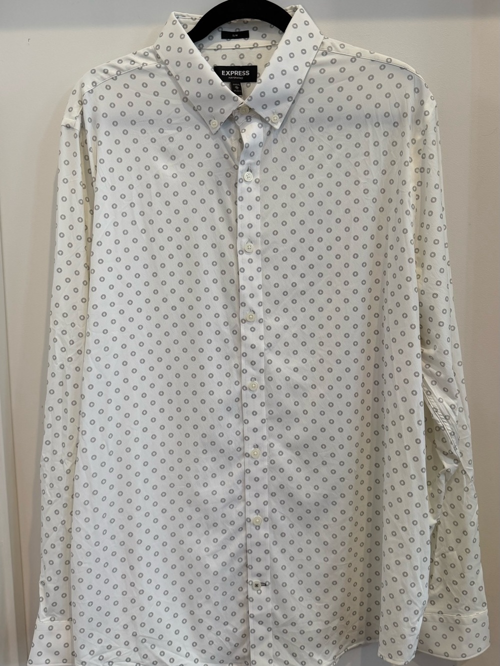 Express Men's White Button-Down Shirt with Small Gray Circle Print
